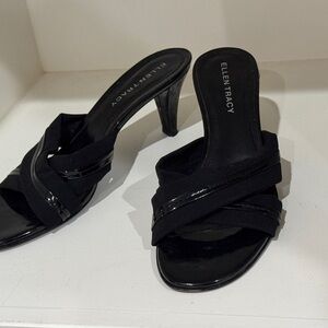 Ellen Tracy Black Crisscross Slip-On Heeled Mules/Sandals